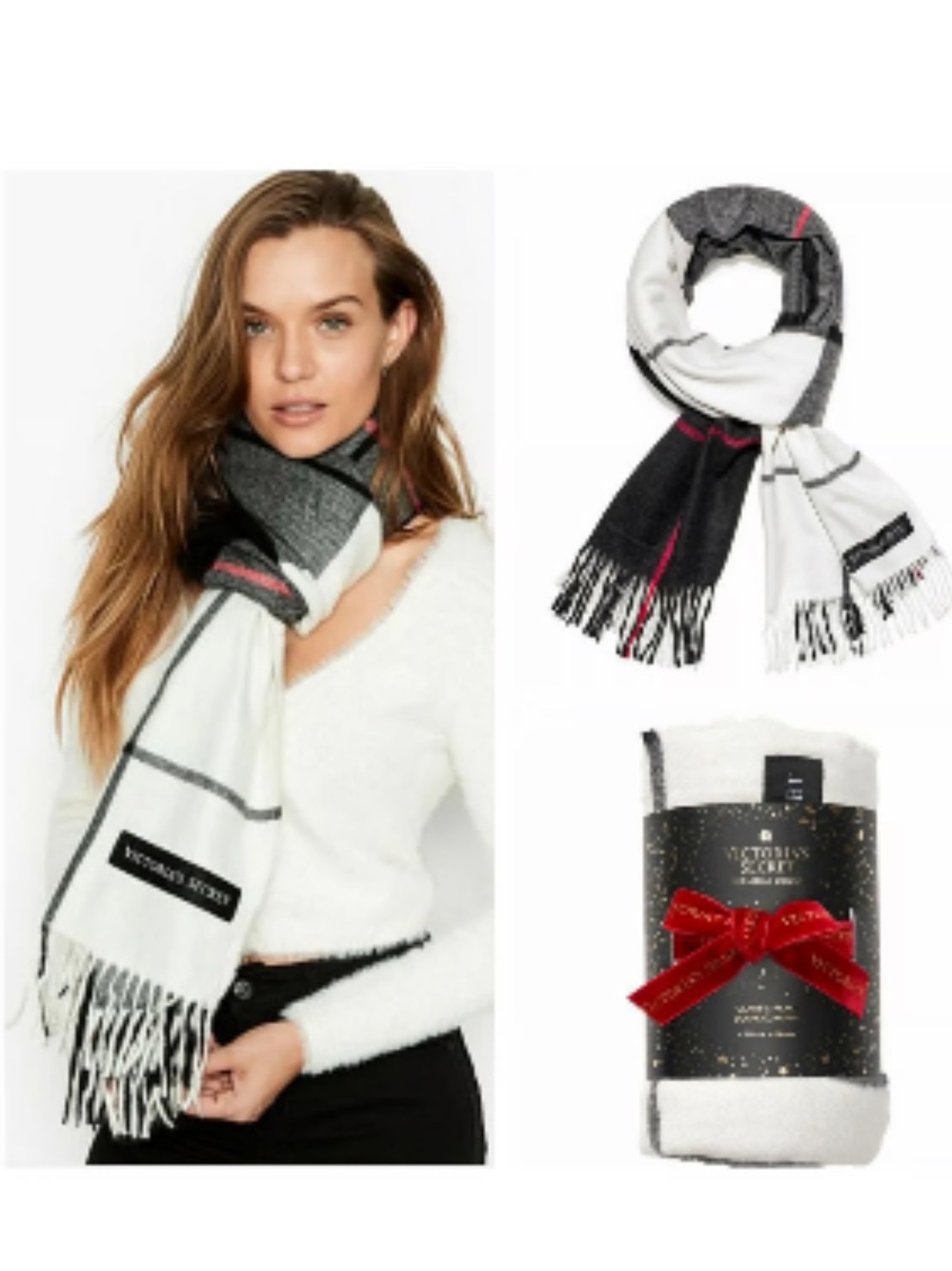 Victoria's Secret Holiday 2020 Classic Plaid Black & White Fringe Scarf NWT